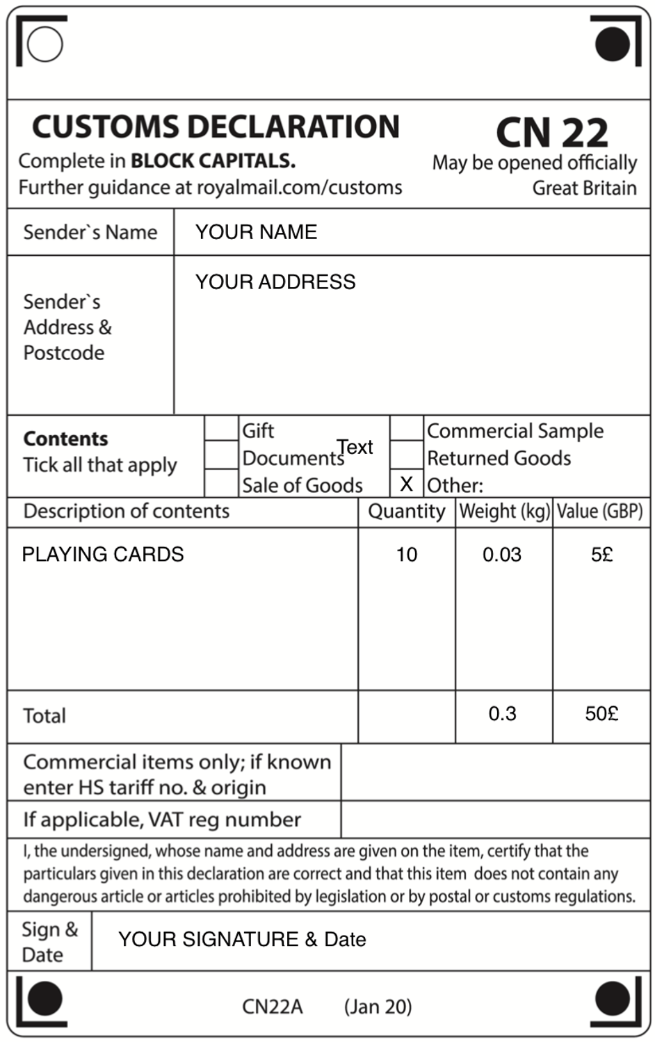 Example of a CN22 to send cards to CCC Grading